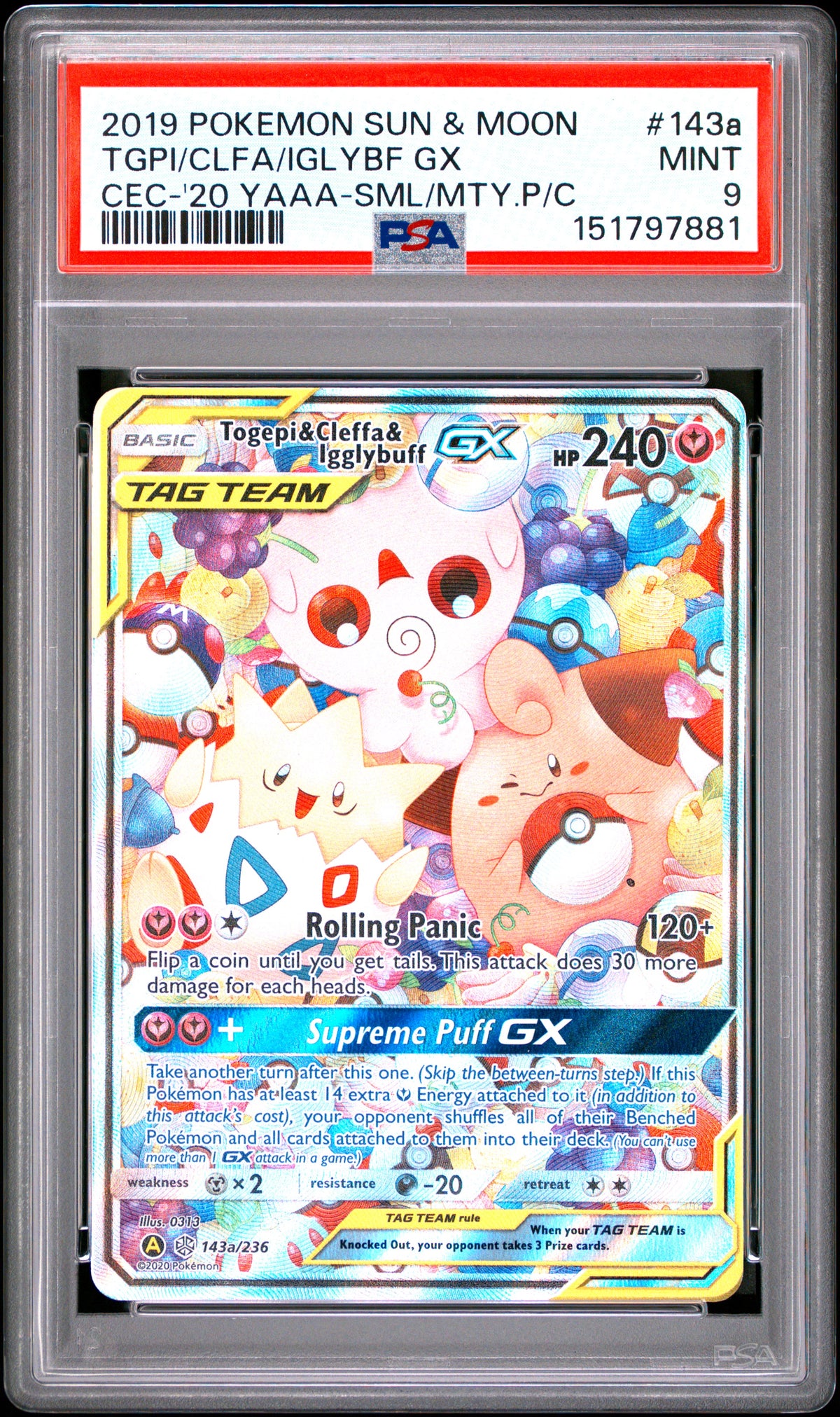 PSA 9 2019 POKEMON SUN & MOON COSMIC ECLIPSE #143a TGPI/CLFA/IGLYBF GX CEC-'20 YAAA-SML/MTY.P/C