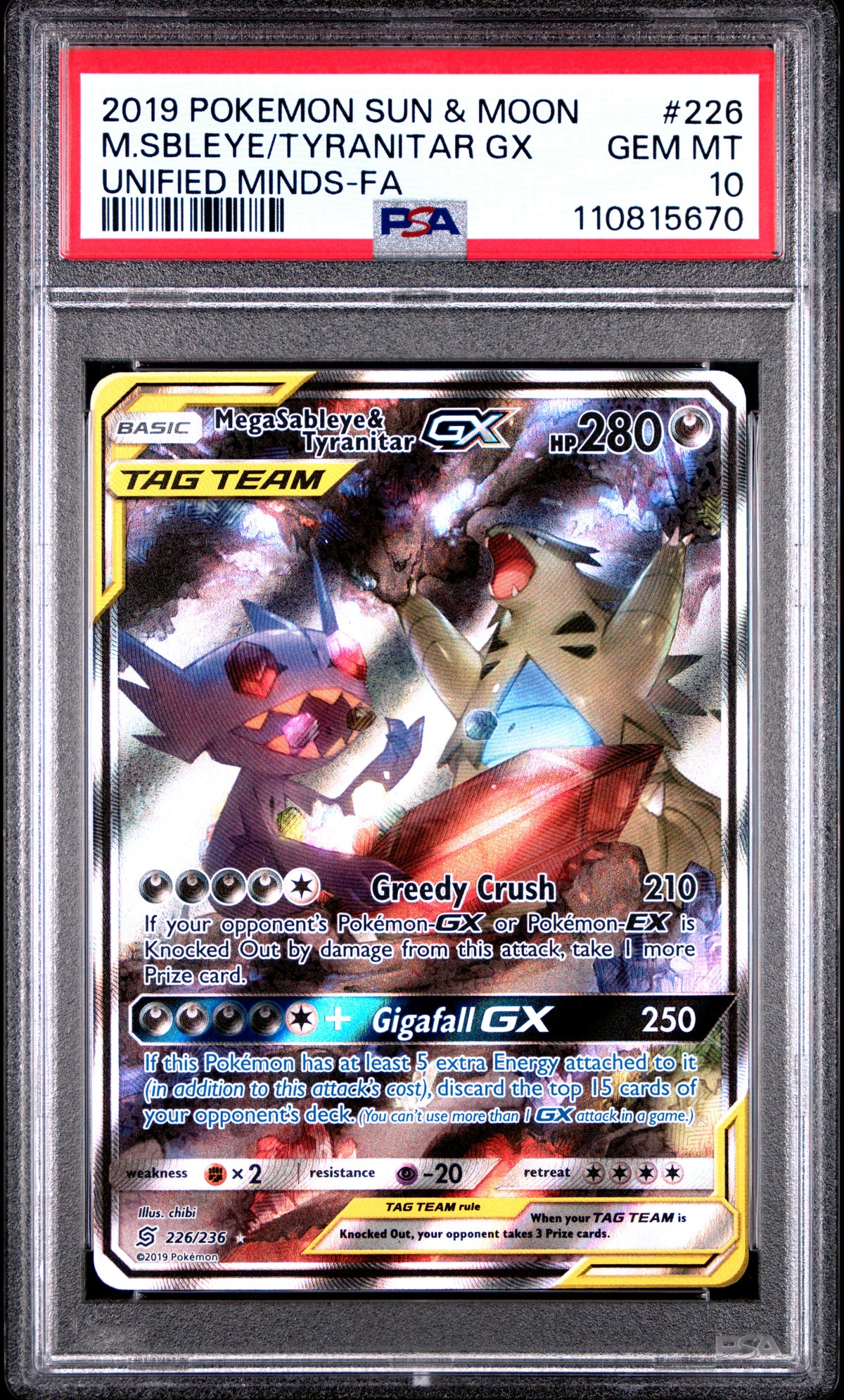 PSA 10 2019 POKEMON SUN & MOON UNIFIED MINDS #226 M.SBLEYE/TYRANITAR GX UNIFIED MINDS-FA