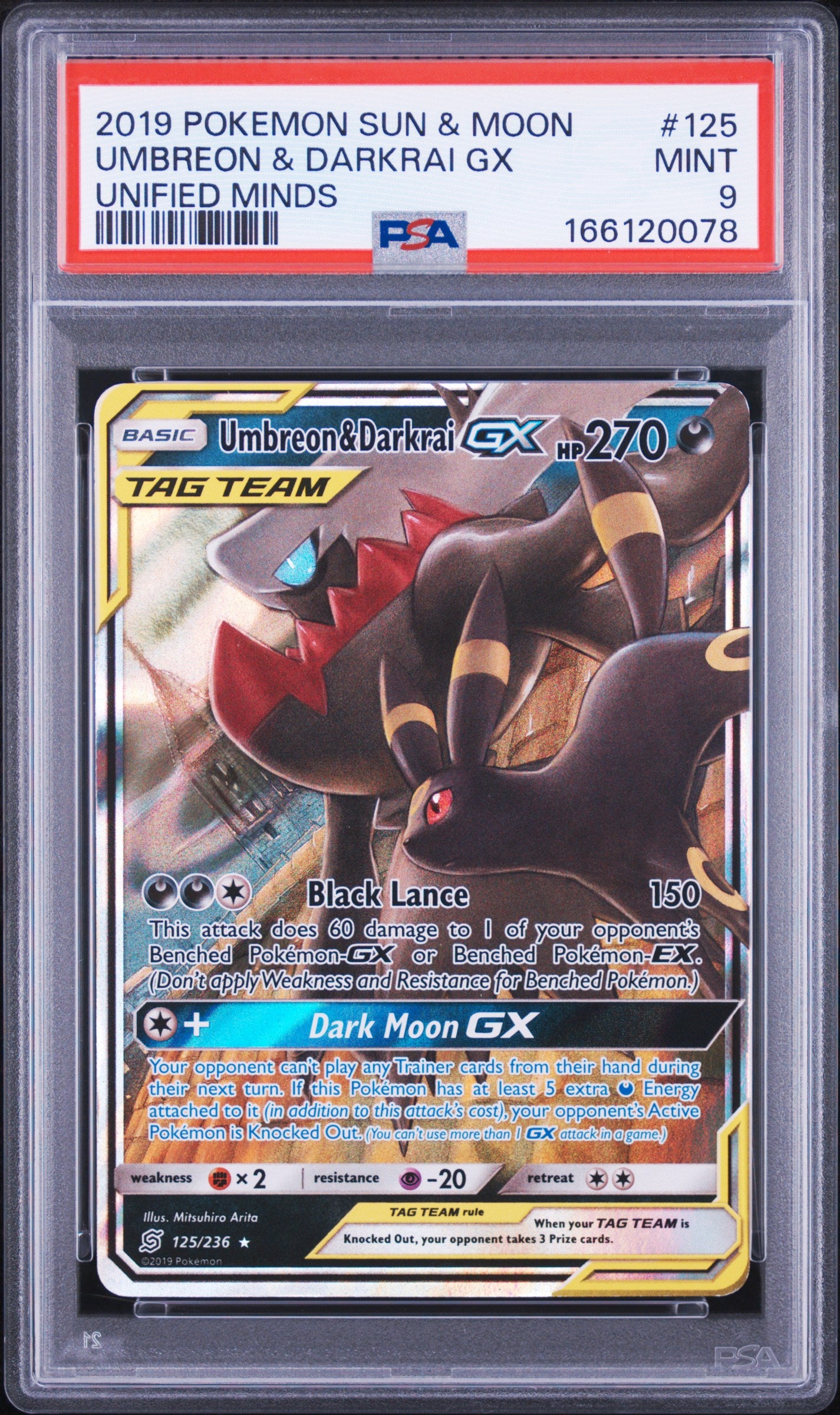 PSA 9 2019 POKEMON SUN & MOON UNIFIED MINDS #125 UMBREON & DARKRAI GX UNIFIED MINDS