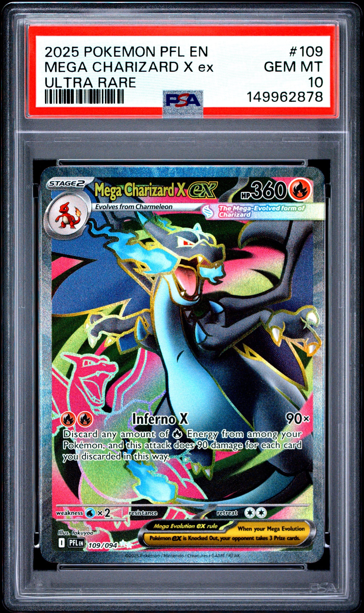 2025 POKEMON PFL EN-PHANTASMAL FLAMES #109 MEGA CHARIZARD X ex ULTRA RARE PSA 10