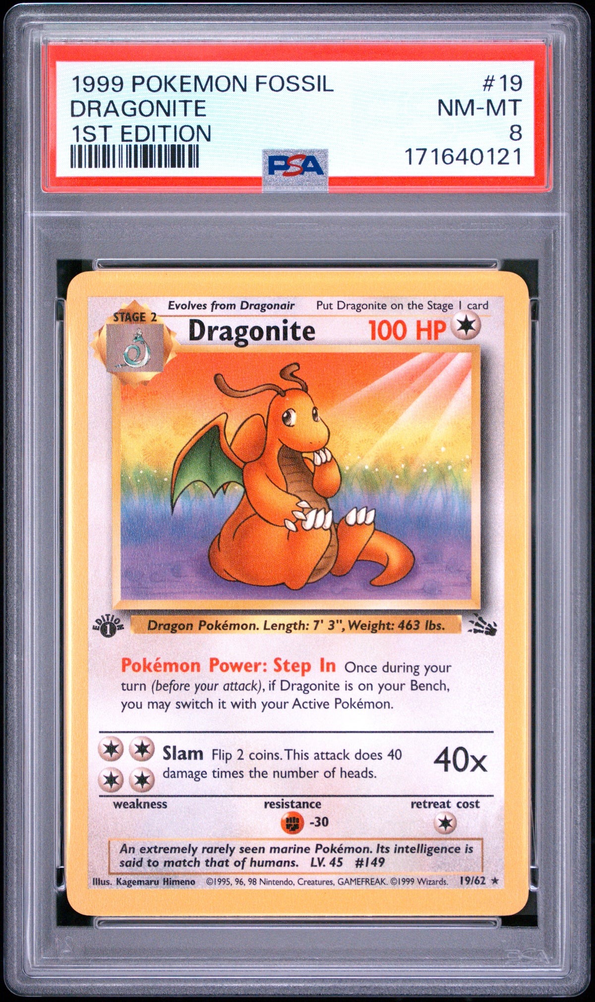 PSA 8 1999 POKEMON FOSSIL #19 DRAGONITE 1ST EDITION