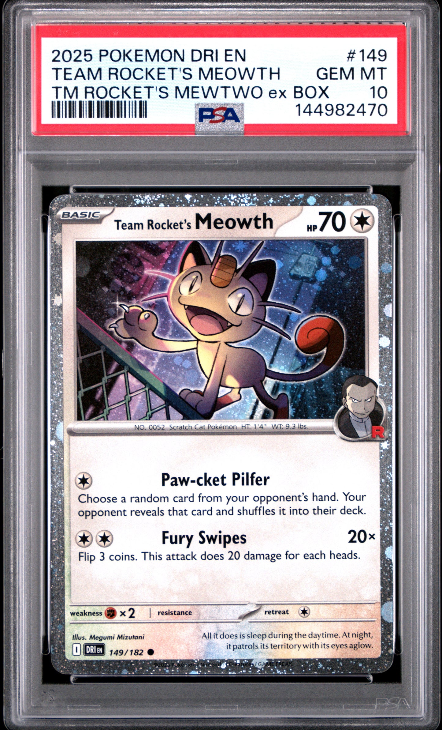 2025 POKEMON DRI EN-DESTINED RIVALS #149 TEAM ROCKET'S MEOWTH TM ROCKET'S MEWTWO ex BOX PSA 10