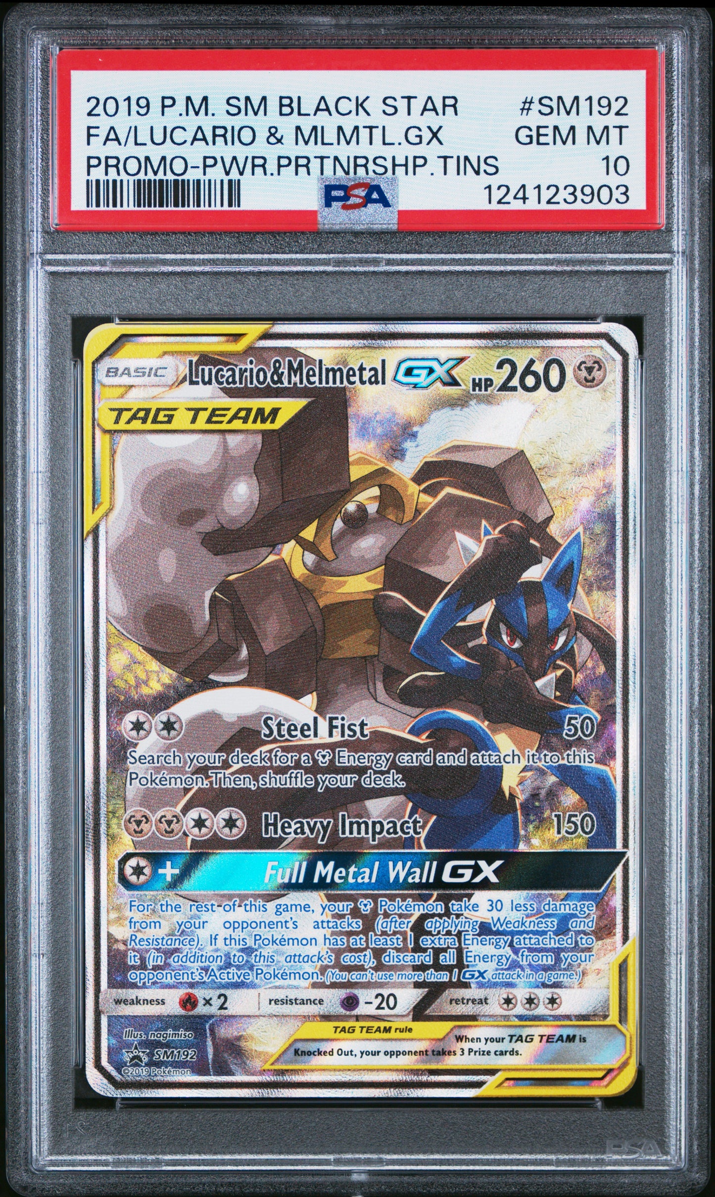 2019 POKEMON SM BLACK STAR PROMO #SM192 FA/LUCARIO & MLMTL.GX PROMO-PWR.PRTNRSHP.TINS PSA 10